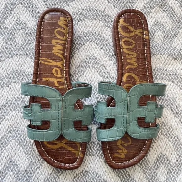 SAM EDELMAN Bay Teal Croc Faux Leather Slide Sandals 8M - Picture 2 of 9